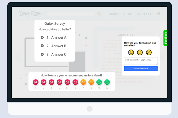 Example website with feedback widget, Survey, NPS CSAT Ratings